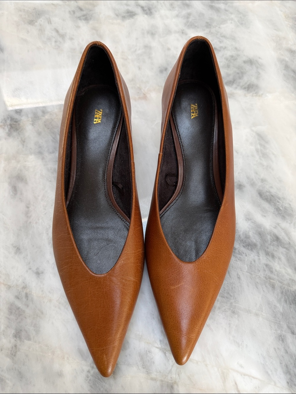 ZARA Pointed Leather Pumps in Cognac Brown